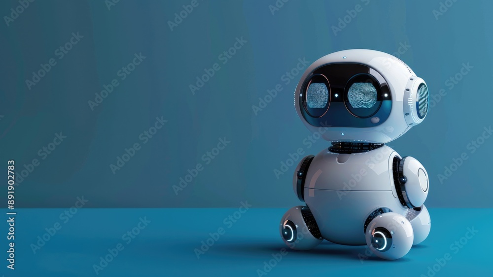 Fototapeta premium Small cute robot with large eyes on blue background