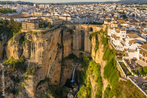 Aerial view of the Ronda medieval town at sunrise, Andalusia, Spain