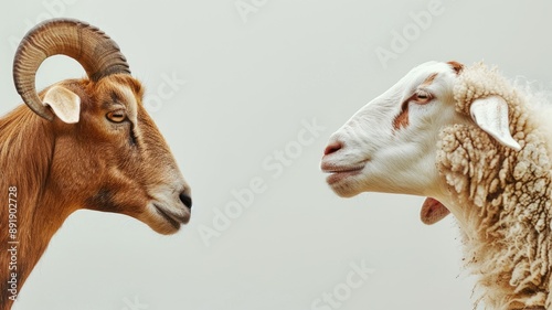 Brown goat and white sheep facing each other against neutral background