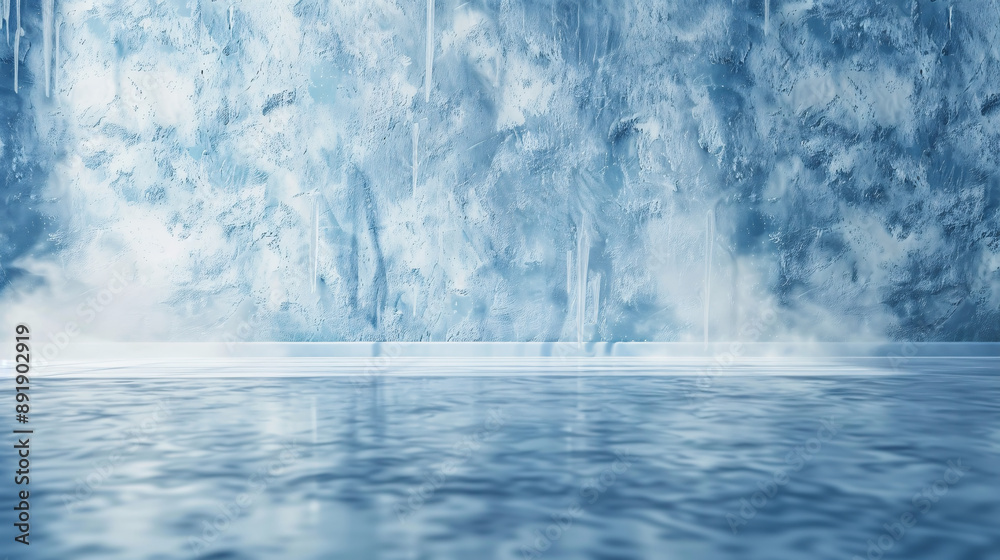 Abstract 3D illustration of an icy wall and floor texture against a light blue background, creating a winter interior room ambiance. Abstract 3D illustration of an icy wall and floor texture against a light blue background, creating a winter interior room ambiance.