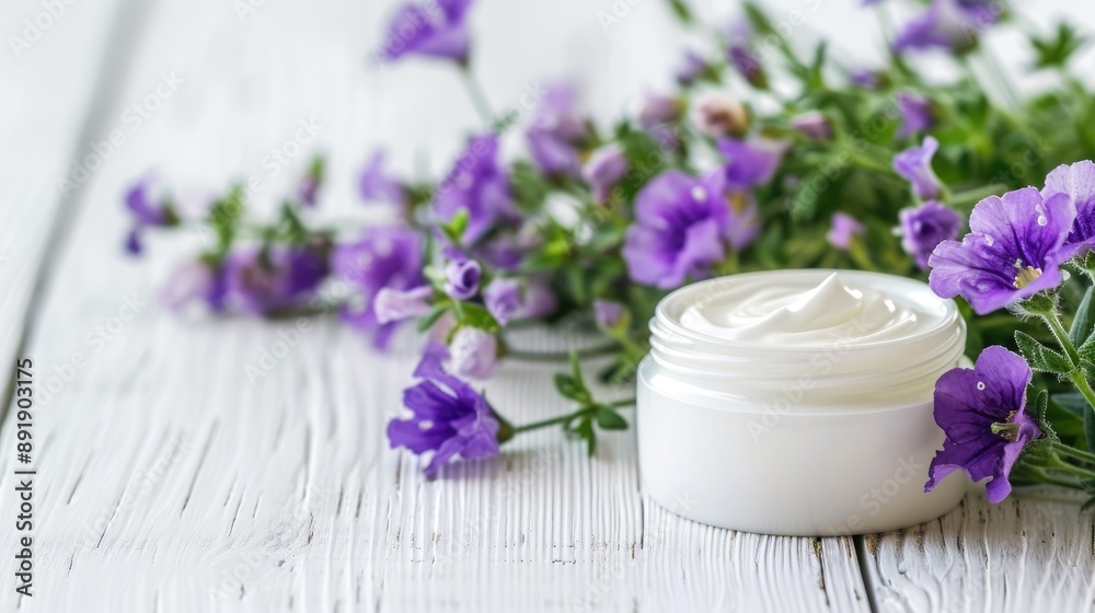 Cosmetic cream displayed on a white wooden table with purple flowers Cosmetic cream displayed on a white wooden table with purple flowers