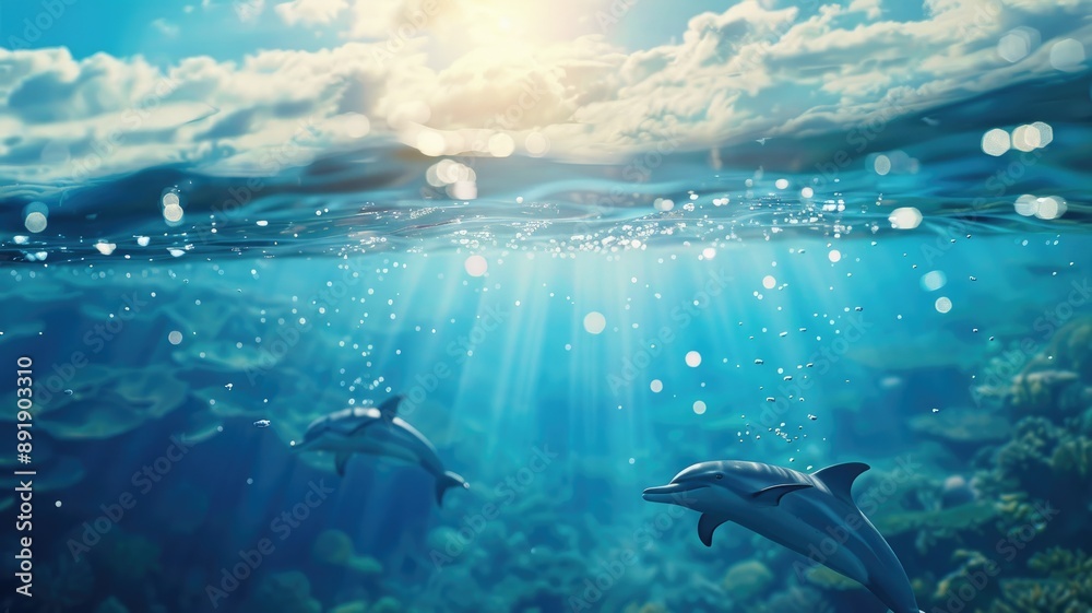 Obraz premium Underwater view with dolphins, sunbeams penetrating ocean surface