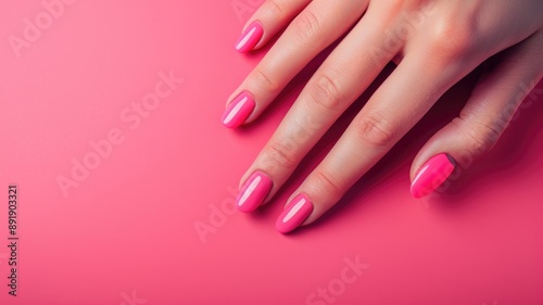 Close-up of manicured hands with pink nail polish on background