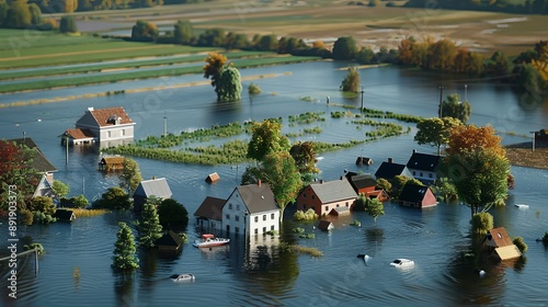 Aerial view of flooded village with houses and trees surrounded by water