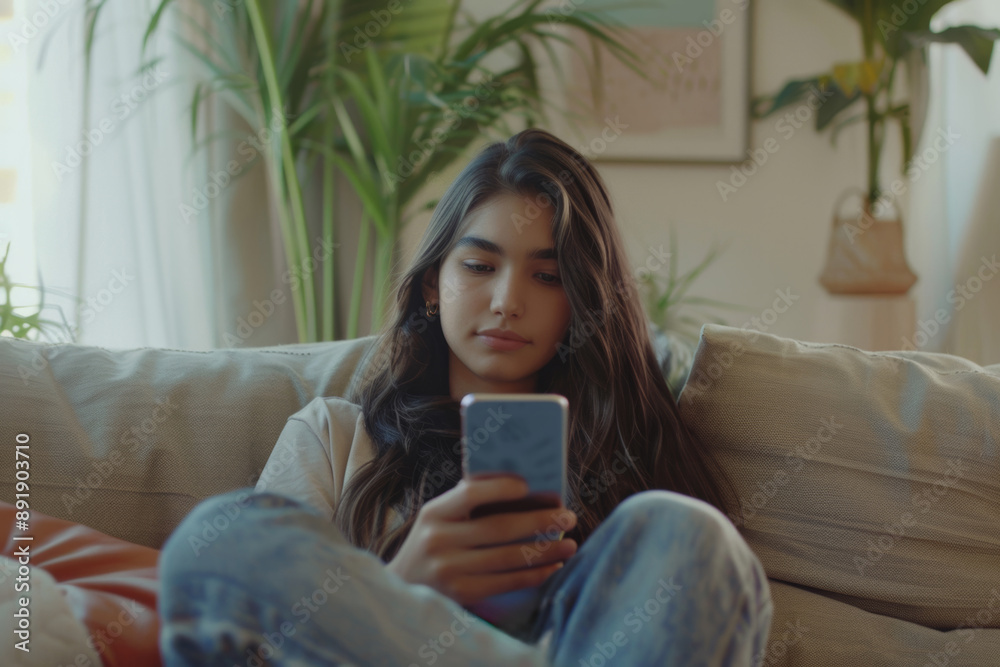 Teenage girl using mobile phone while sitting on sofa at home Teenage girl using mobile phone while sitting on sofa at home