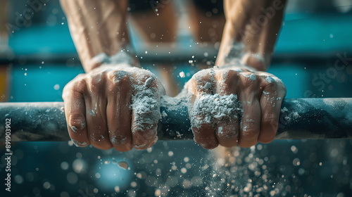 Artistic photo of gymnast's hands gripping uneven bars with chalk dust photo