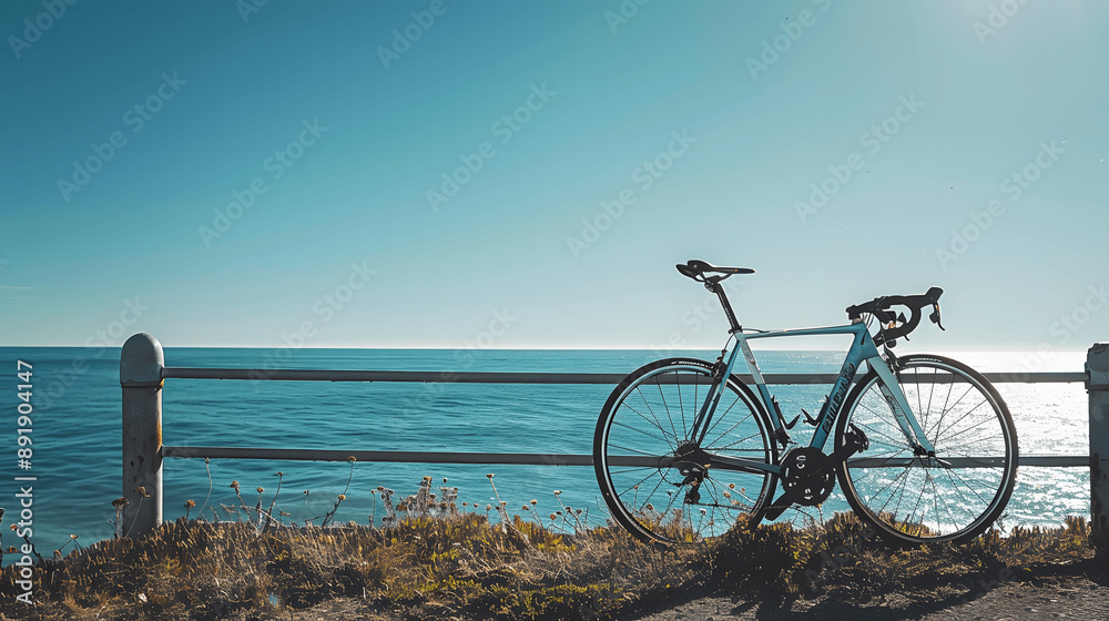 Fototapeta premium Triathlete’s bike against fence with ocean and clear sky background