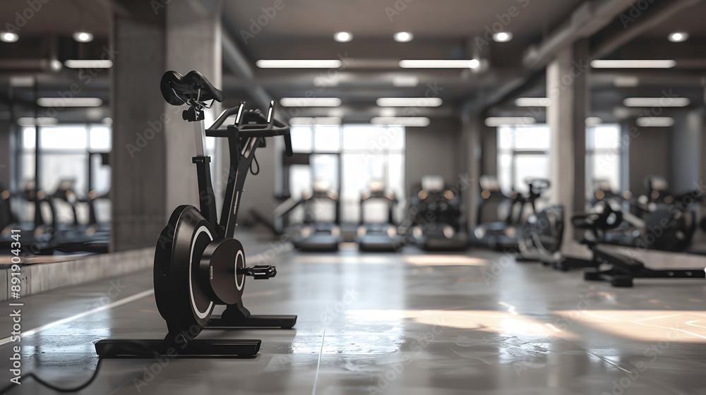 Fototapeta premium Stylish gym with exercise bike and large mirrors reflecting open space