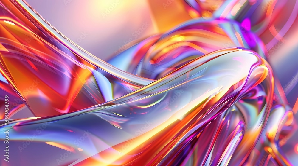 Iridescent Colorful Abstract 3D Render Digital Art of Glass with Fluid and Smooth Curved Shapes and Neon Light Effects, Glossy Soft Light Reflections, Background Banner