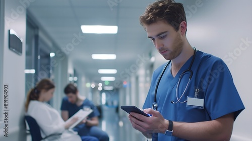 Healthcare Professional Checking Mobile Device in Hospital Corridor
