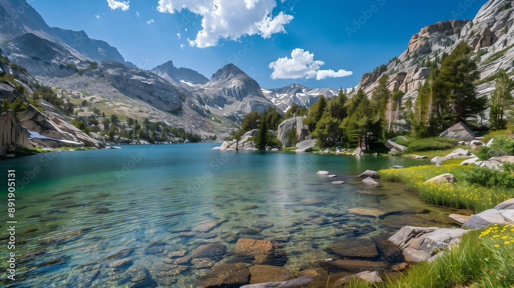 Fototapeta premium Scenic Mountain Lake with Wildflowers and Clear Blue Water 