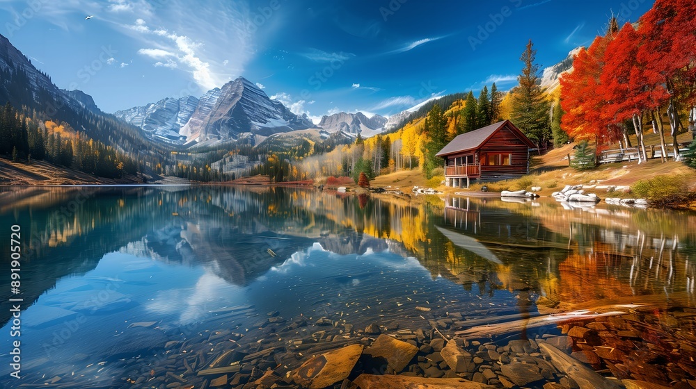 Fototapeta premium Idyllic Mountain Lake with Cabin and Autumn Colors 
