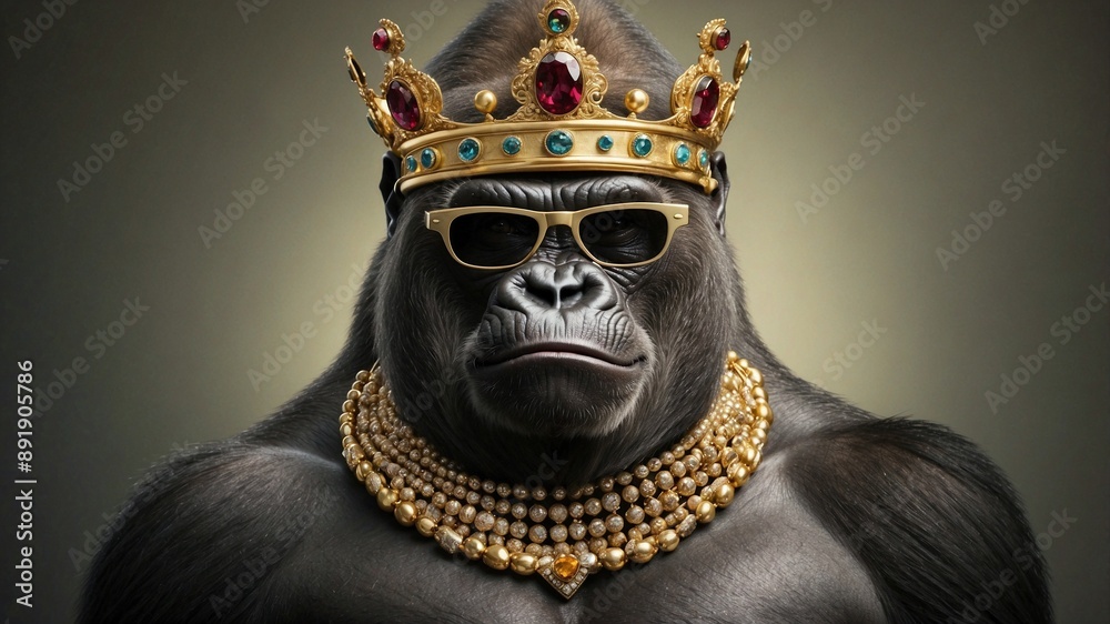 Obraz premium A Portrait of a Gorilla with sunglasses and a crown on his head and garland in his neck