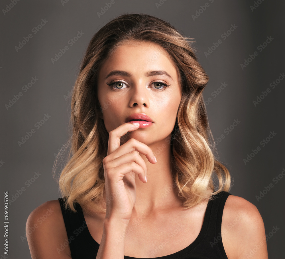 Hair care, portrait and girl in studio with confidence for keratin treatment, shampoo or cosmetics on gray background. Salon, body and female model for natural glow, satisfaction or healthy texture Hair care, portrait and girl in studio with confidence for keratin treatment, shampoo or cosmetics on gray background. Salon, body and female model for natural glow, satisfaction or healthy texture