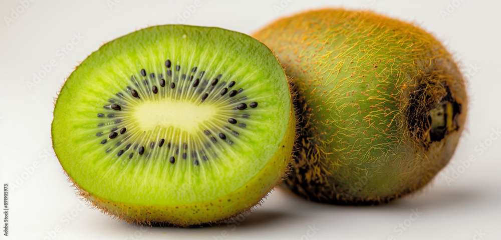 Fototapeta premium A vibrant image of a ripe kiwi fruit on a clean white background. The kiwi is showcased in exquisite detail, with its fuzzy brown skin and vibrant green flesh visibly enticing
