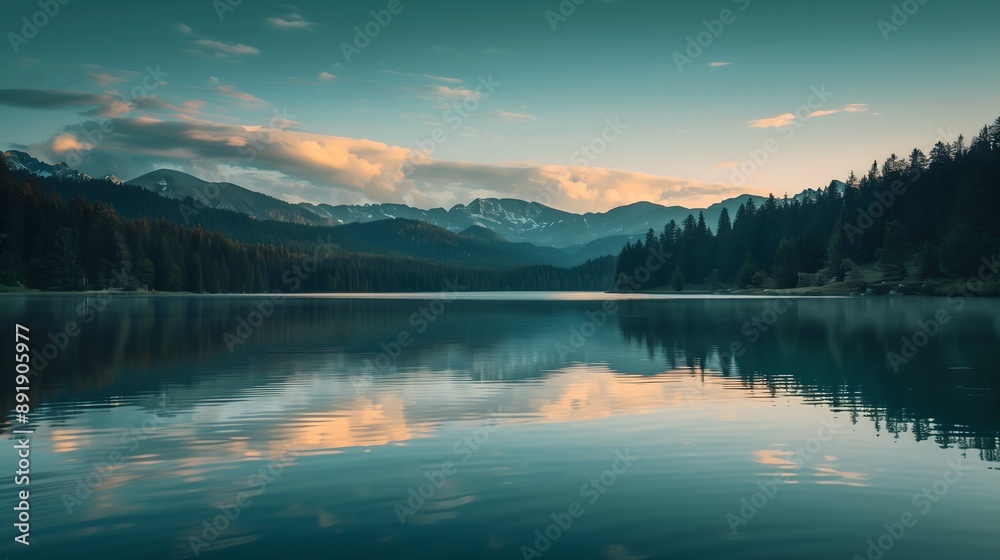 Fototapeta premium Misty Mountain Lake at Dusk with Reflections and Forest 