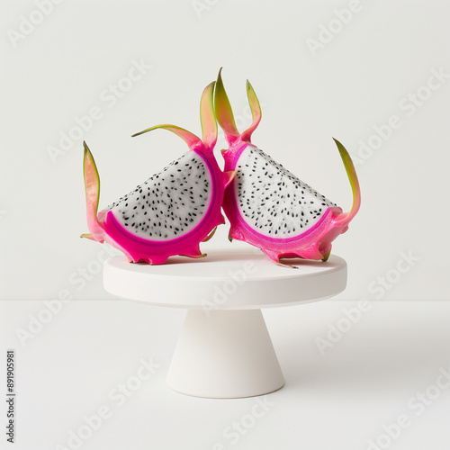 A visually stunning composition featuring a pink pitahaya, also known as dragon fruit, elegantly cut in half and displayed on a white plate over a white base photo