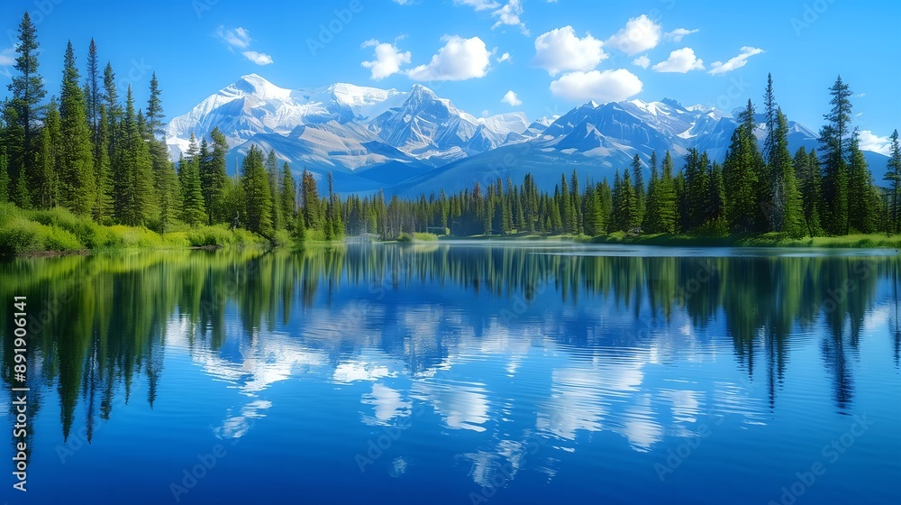 Serene Mountain Lake with Forest and Majestic Snow-Capped Peaks
