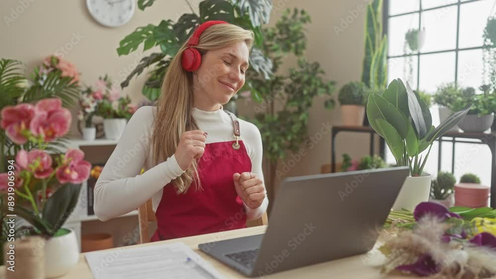 A smiling woman wearing headphones enjoys music while working on her laptop in a flower shop full of vibrant plants. A smiling woman wearing headphones enjoys music while working on her laptop in a flower shop full of vibrant plants.