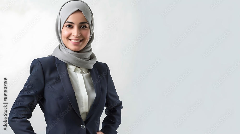 Professional businesswoman wearing hijab in a dark blue suit standing with her hands on her hips smiling kindly against a white background with a confident and friendly appearance