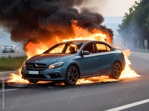 Burning car after accident explosion