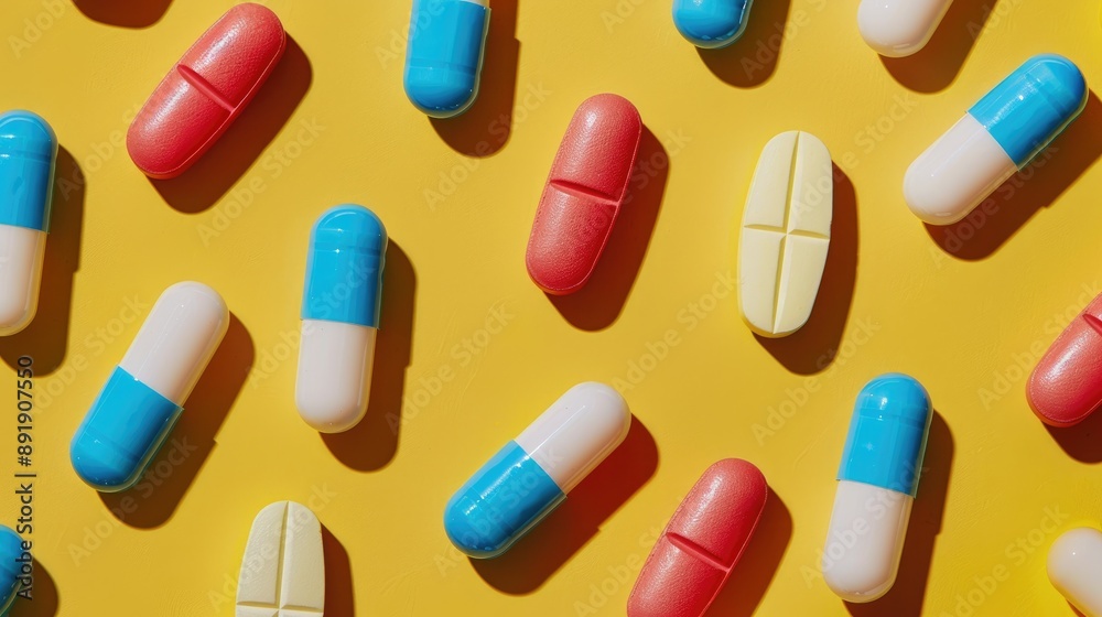 Colored pills on yellow backdrop symbolizing medicine and COVID 19 protection Colored pills on yellow backdrop symbolizing medicine and COVID 19 protection
