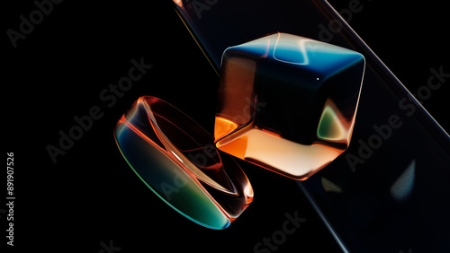 Fototapeta Naklejka Na Ścianę i Meble -  Abstract fluid holographic iridescent neon geometric shapes in dark background 3d render. Gradient design element for banners, backgrounds, wallpapers and covers