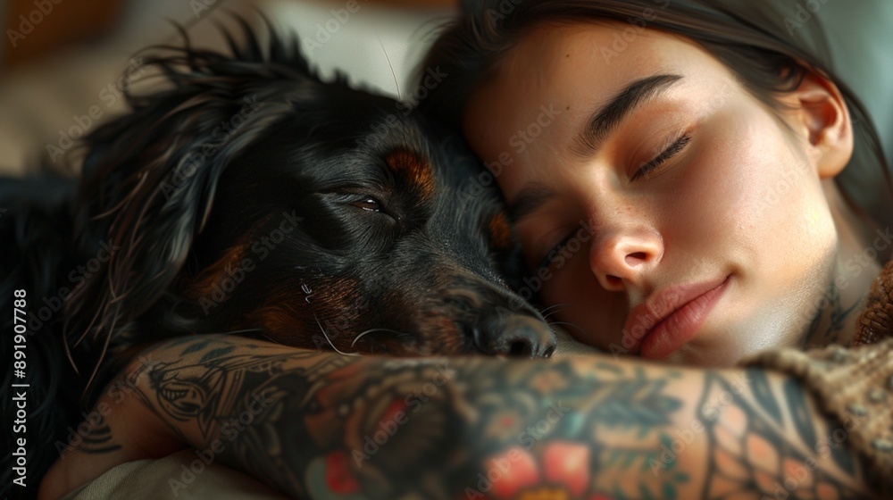 Tattooed Woman Sleeping Peacefully with Her Dog Tattooed Woman Sleeping Peacefully with Her Dog