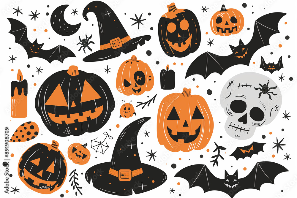 objects crafted from paper on an orange background, including a central jack-o’-lantern with a witch’s hat, white ghosts, black bats, and spiders objects crafted from paper on an orange background, including a central jack-o’-lantern with a witch’s hat, white ghosts, black bats, and spiders