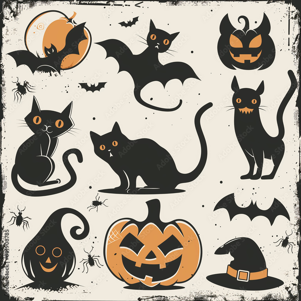 Fototapeta premium halloween set with jack-o’-lantern with a witch’s hat, white ghosts, black bats, and spiders