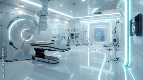 A hospital room with a white bed and a robot