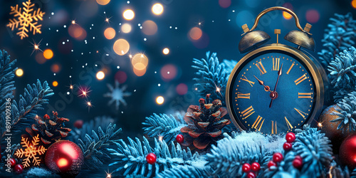 The festive christmas background setting with a vintage clock surrounded by pinecones, baubles, and snow-covered branches, christmas holiday concept