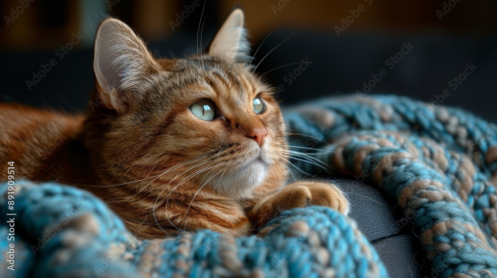 Curious Ginger Cat Relaxing on a Cozy Knitted Blanket, Enjoying a Moment of Comfort and Warmth Curious Ginger Cat Relaxing on a Cozy Knitted Blanket, Enjoying a Moment of Comfort and Warmth