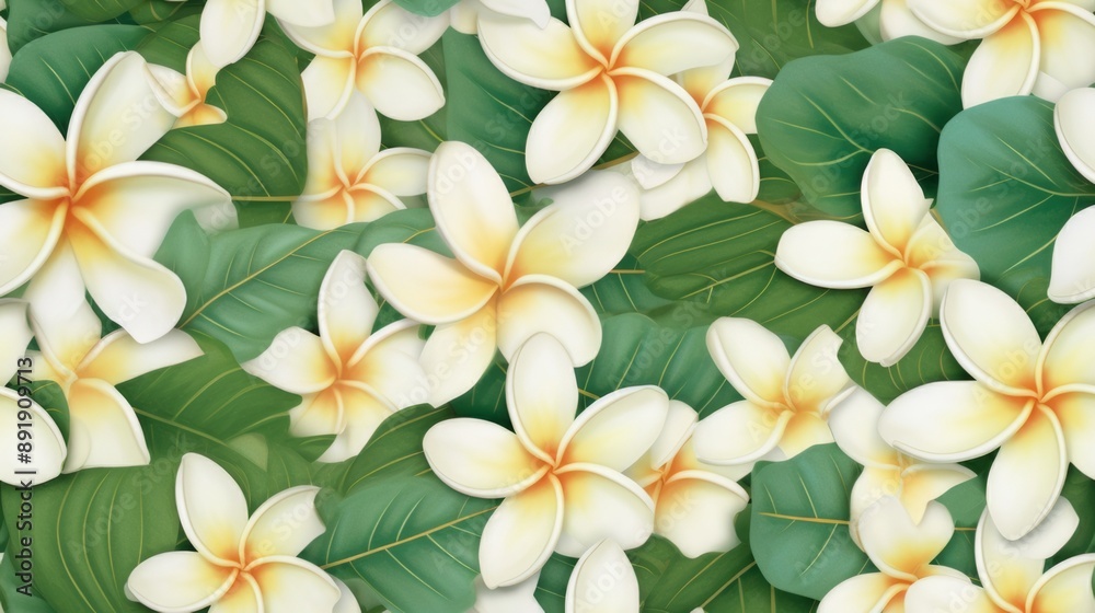 The beauty of the yellow and white Plumeria flowers with green leaves is heartwarming, making it a stunning backdrop. The beauty of the yellow and white Plumeria flowers with green leaves is heartwarming, making it a stunning backdrop.