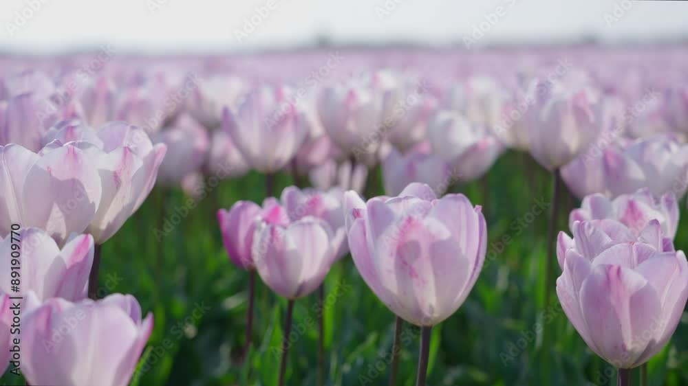 Rack focus on a field of pink tulips blowing in the wind, on a sunny spring day