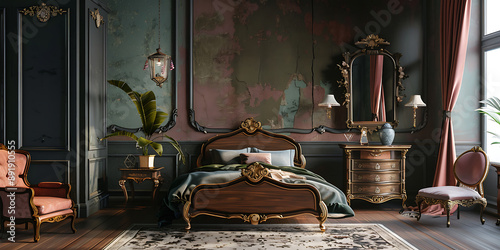 Victorian Punk Bedroom with Ornate Furniture Mockup 