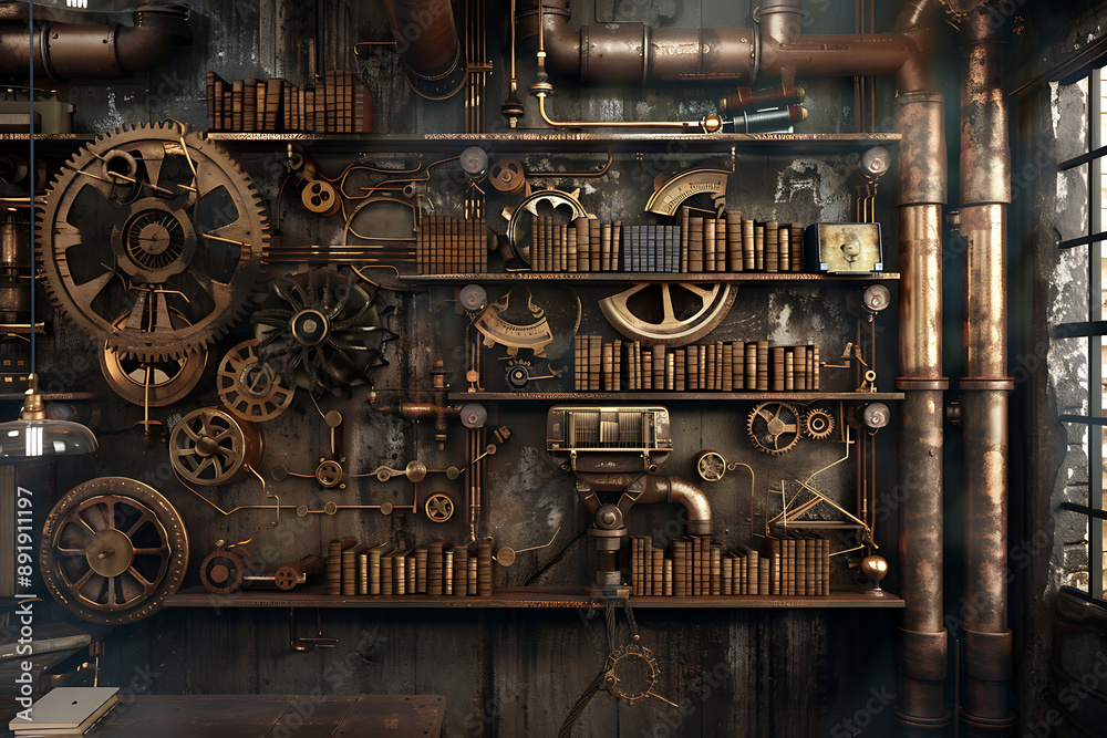 Steampunk Library with Gears and Copper Pipes Mockup Steampunk Library with Gears and Copper Pipes Mockup