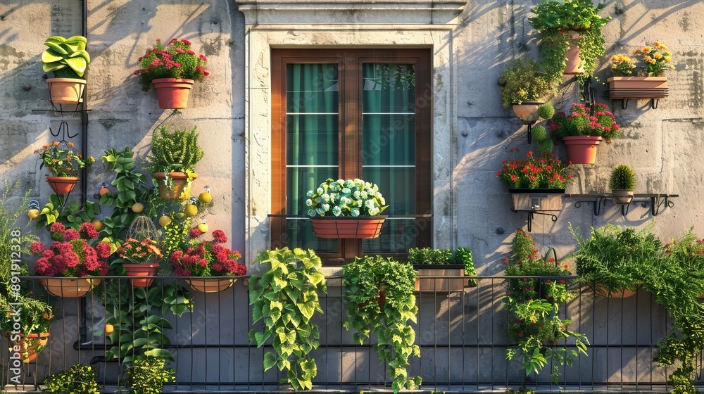 A vibrant and sunny balcony adorned with various potted plants and flowers, including cascading vines, creating a cheerful and welcoming green space. A vibrant and sunny balcony adorned with various potted plants and flowers, including cascading vines, creating a cheerful and welcoming green space.