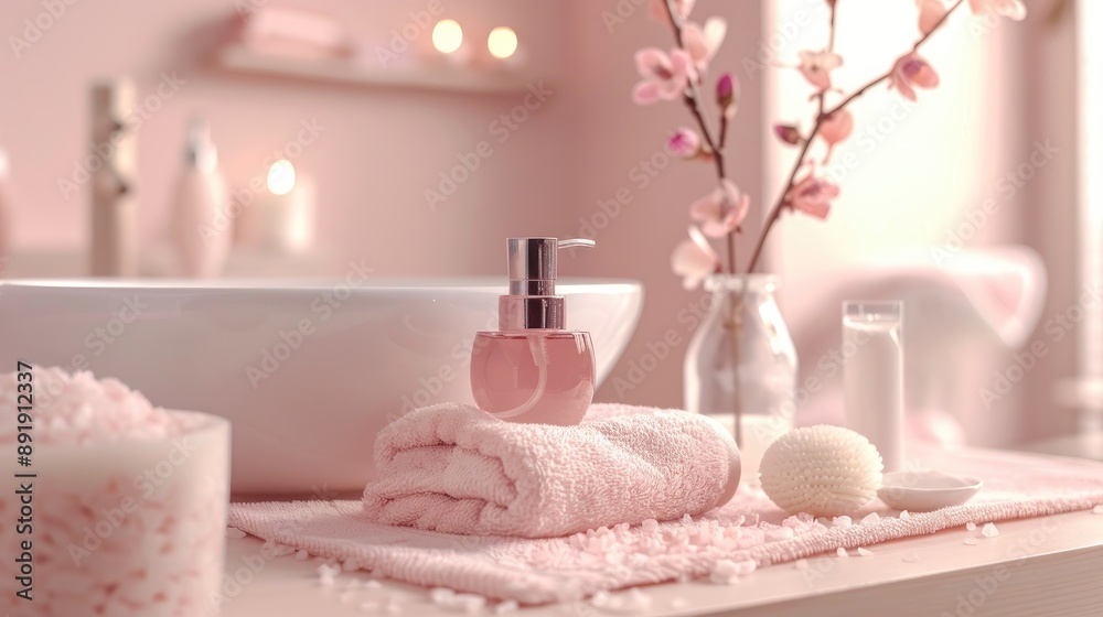 Bath essentials displayed in a light pink themed setup Bath essentials displayed in a light pink themed setup