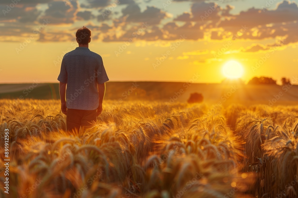 Fototapeta premium Solitary Man Silhouette in Countryside Wheat Field at Sunset