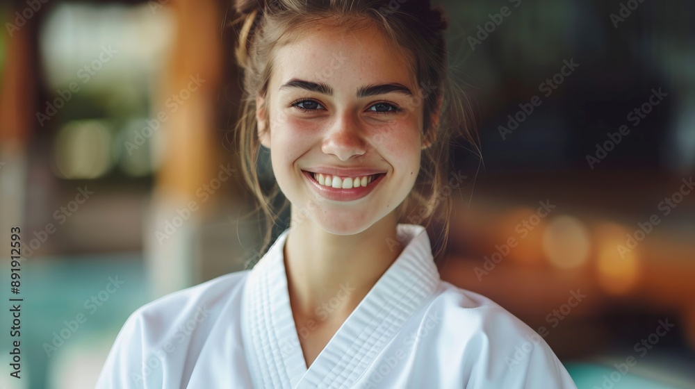 A charismatic image of a woman in a martial arts uniform, smiling brightly, conveying positivity, strength, and the disciplined passion and confidence brought by martial arts training. A charismatic image of a woman in a martial arts uniform, smiling brightly, conveying positivity, strength, and the disciplined passion and confidence brought by martial arts training.
