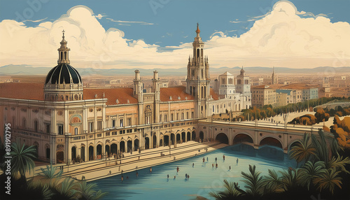 Valencia panoramic vintage city view.