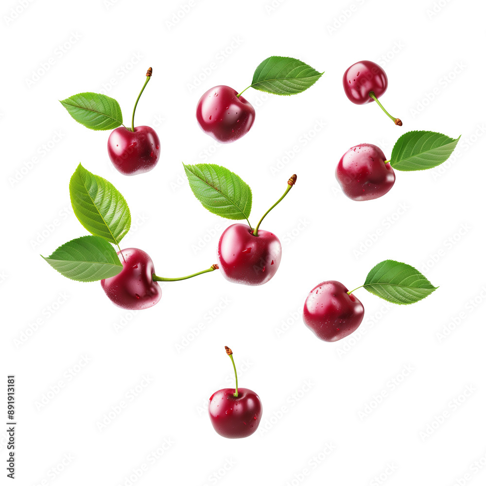 Fotografia di ciliegie volanti con foglie su sfondo trasparente. Fresche e succose, ideale per l'estate. Fotografia di ciliegie volanti con foglie su sfondo trasparente. Fresche e succose, ideale per l'estate.