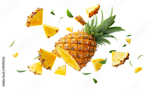 Fotografia di ananas volanti con foglie su sfondo trasparente. Freschi e succosi, ideali per l'estate.