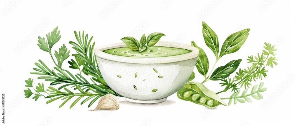 A cute bowl of Green Curry in a kawaii watercolor style, isolate on white background, with fresh herbs A cute bowl of Green Curry in a kawaii watercolor style, isolate on white background, with fresh herbs