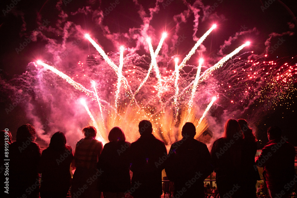 Siluetas de personas viendo fuegos artificiales de colores en el cielo de noche Siluetas de personas viendo fuegos artificiales de colores en el cielo de noche