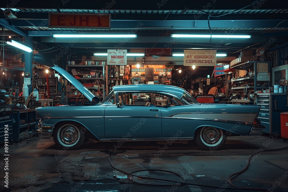 Fototapeta premium Retro Car in Garage Under Artificial Light