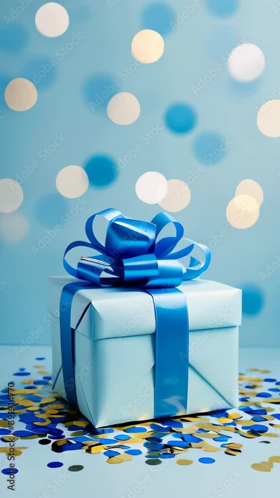 Luxury blue gift box with blue ribbon and confetti, Closeup Gift Box on blue bokeh background, Valentine's Day, Holidays gifts concept, anniversary, birthday. Copy space template greeting card