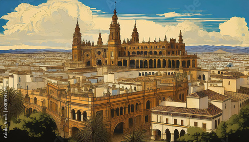Seville cityscape, Spain. vintage look