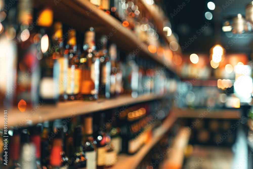 Blurred view of shelves with alcohol drinks in bar - generative ai Blurred view of shelves with alcohol drinks in bar - generative ai